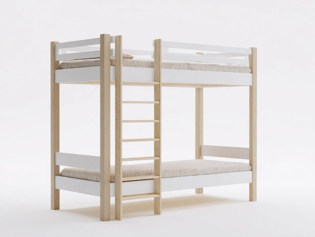 Litera de madera 200x100x170 cm - madera clara y blanco - para dormitorio - escalera frontal y barandillas-Vavexiadwell