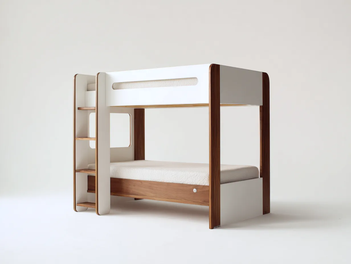 Litera 200x96x165 cm con madera nogal y paneles crema - para dormitorio - escalera lateral integrada-Vavexiadwell