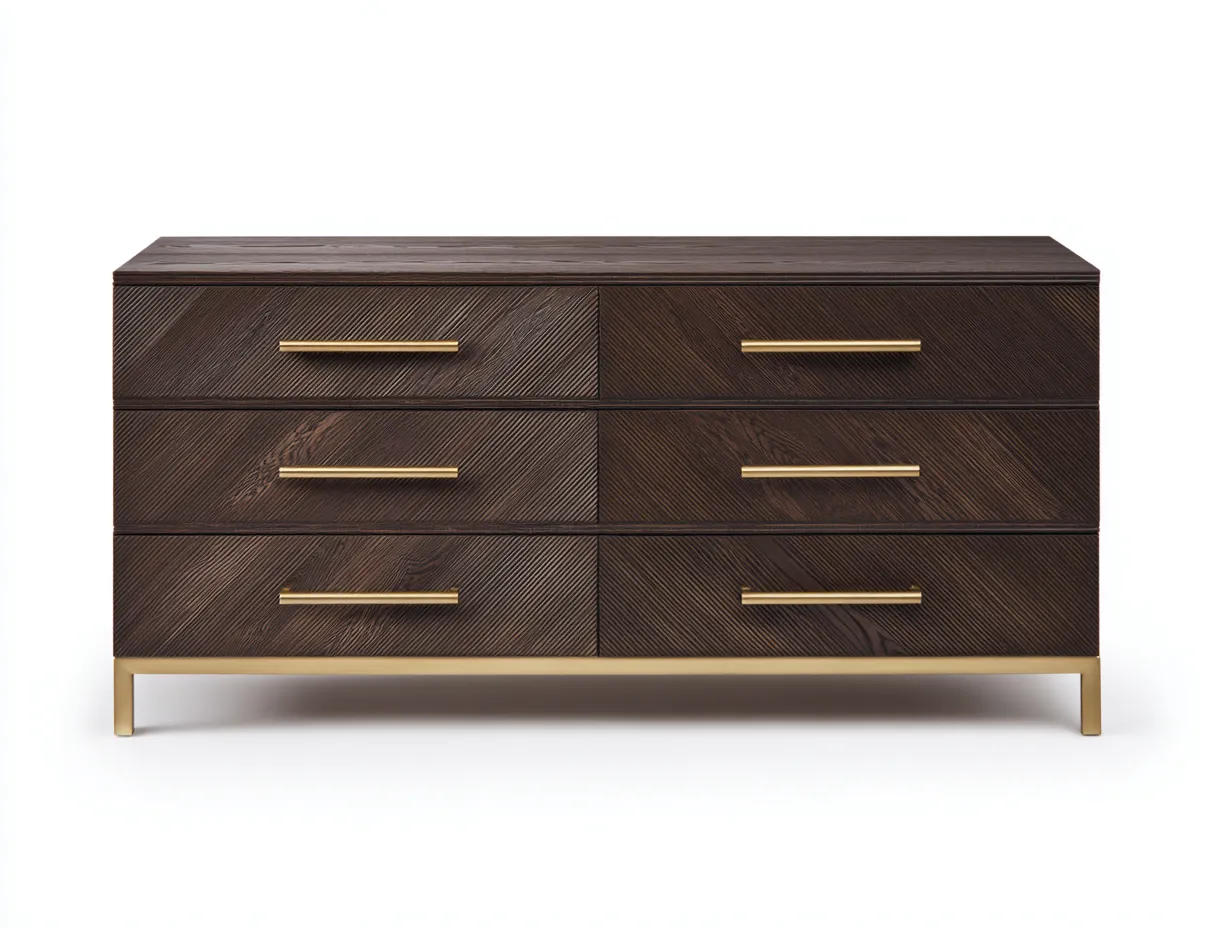 Cómoda 118x44x79 cm - roble oscuro y dorado - madera con 3 cajones para dormitorio - estilo refinado actual-Vavexiadwell