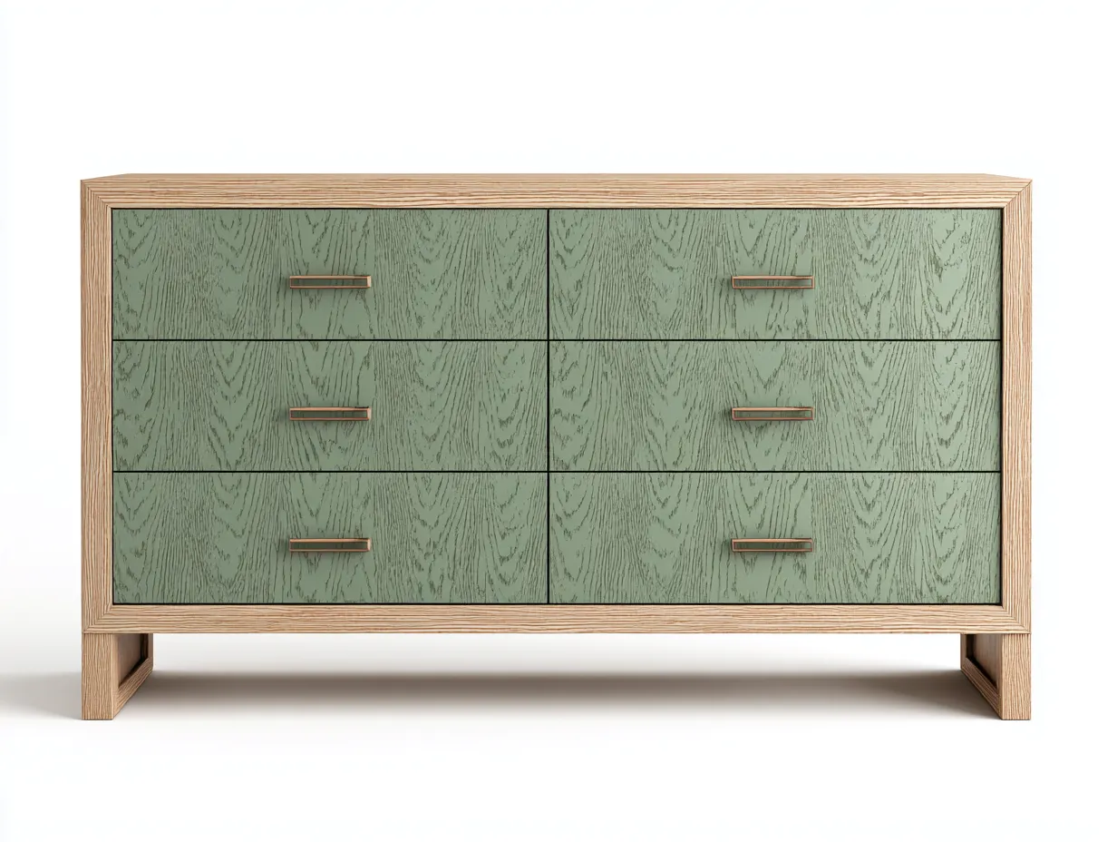 Cómoda 140x45x82 cm - verde salvia y madera natural - madera con seis cajones y tiradores metálicos - diseño contemporáneo para dormitorio-Vavexiadwell