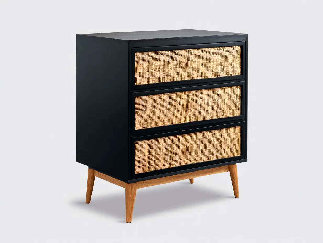 Cómoda 80x42x95 cm - negro y natural - madera con tres cajones de rejilla y patas de madera - estilo moderno para dormitorio-Vavexiadwell