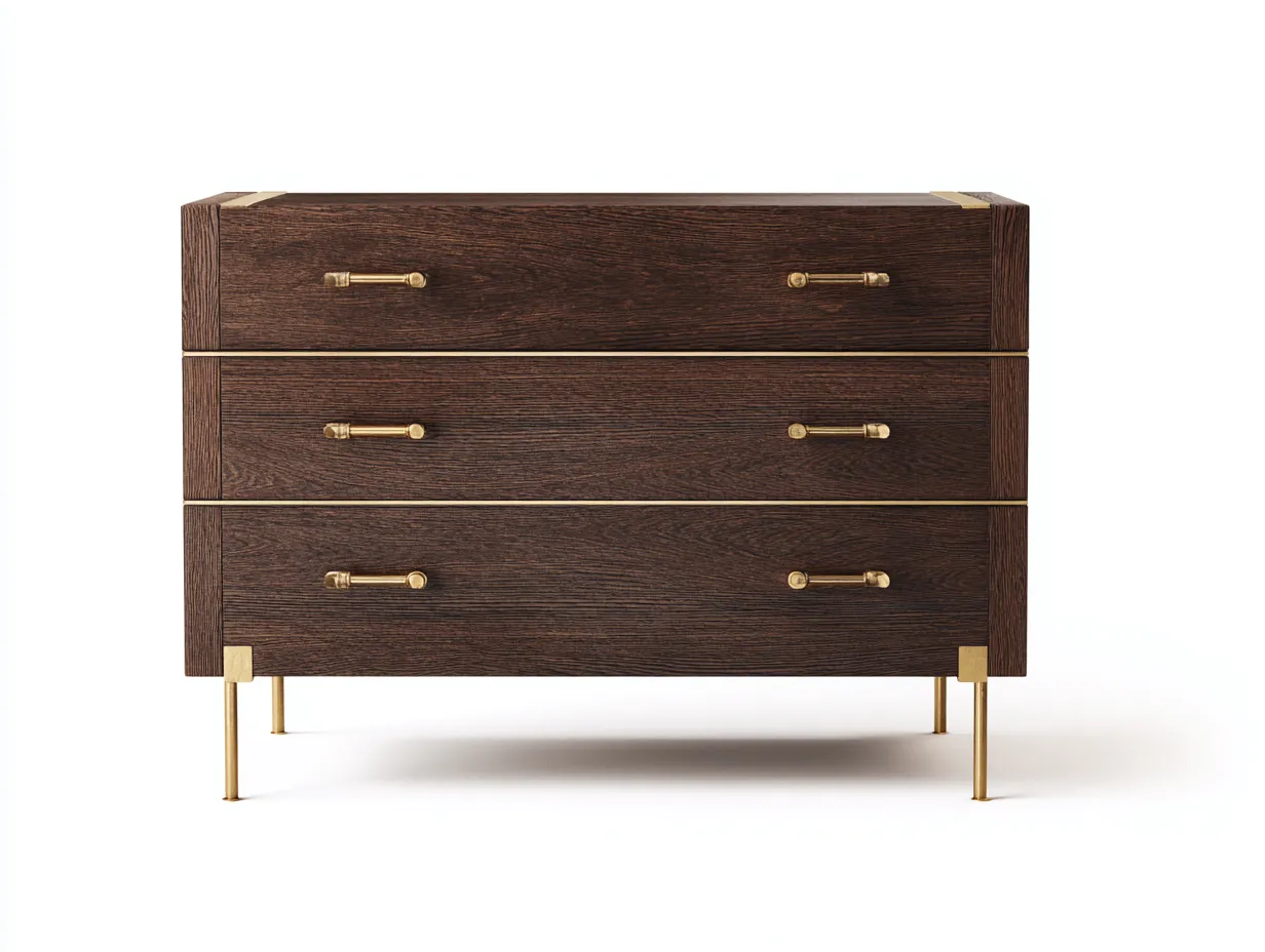 Cómoda 120x44x80 cm - roble oscuro y dorado - madera con 3 cajones para dormitorio - diseño moderno lineal-Vavexiadwell