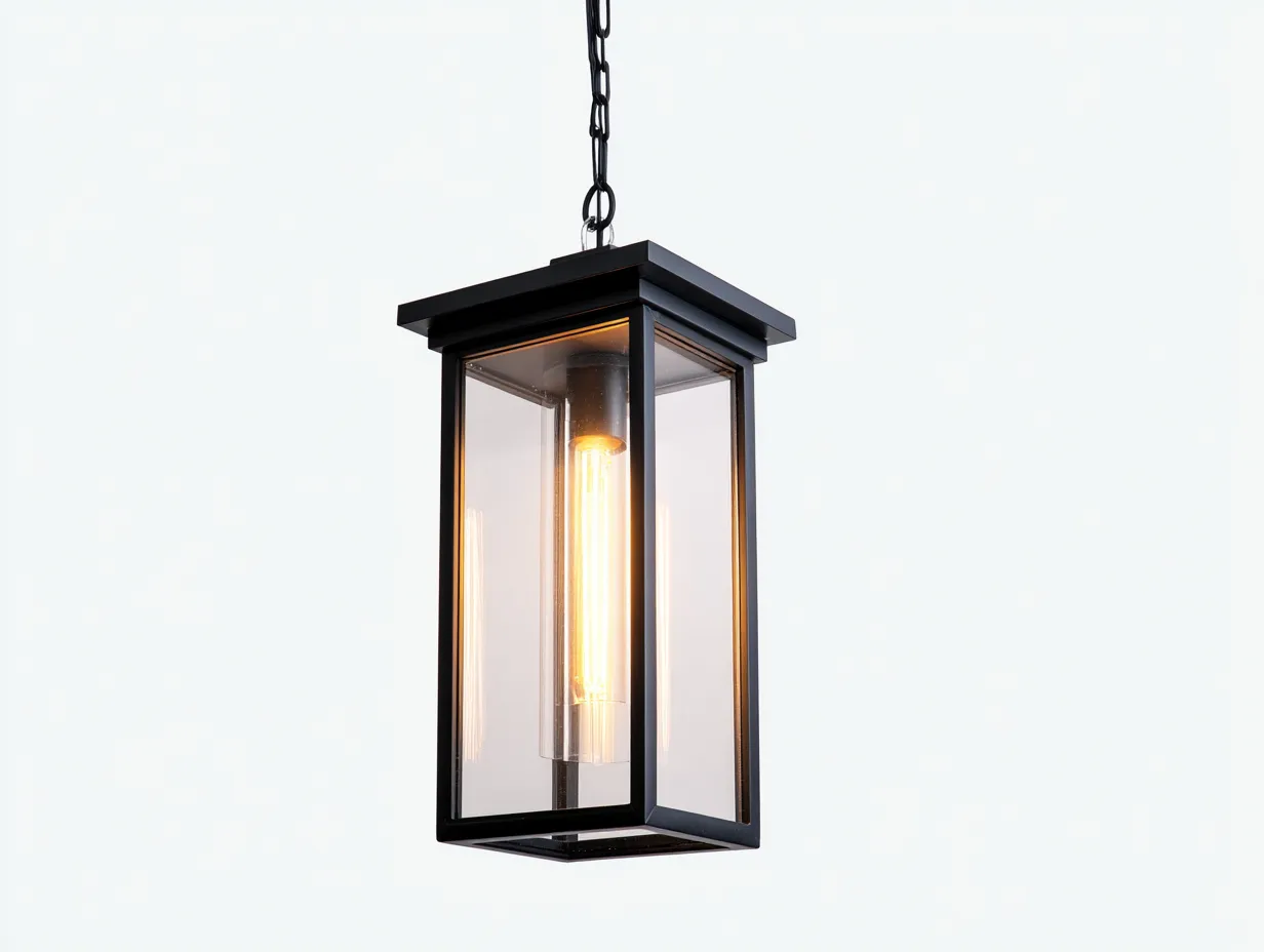Lámpara colgante 18x18x46 cm - negro y transparente y ámbar - metal y vidrio para exterior - farol clásico actualizado-Vavexiadwell
