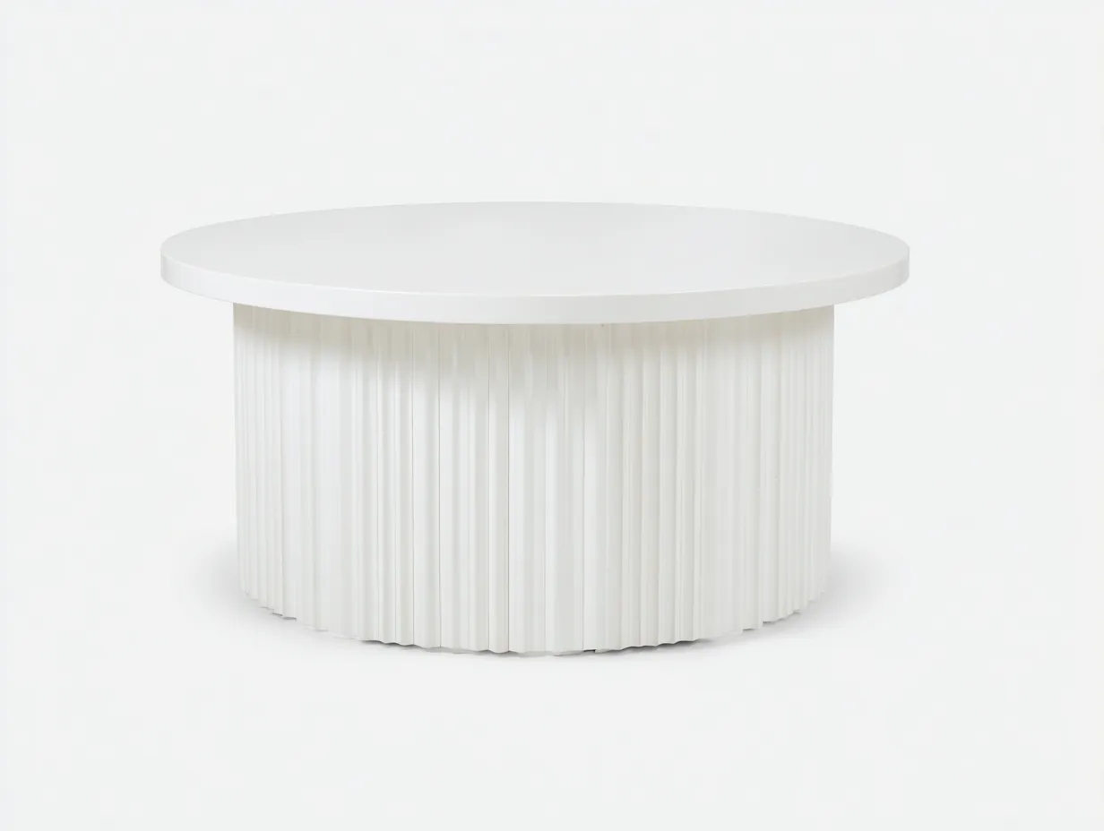 Mesa de centro de resina 112x112x35 cm - blanco mate para salón - base cilíndrica acanalada-Vavexiadwell