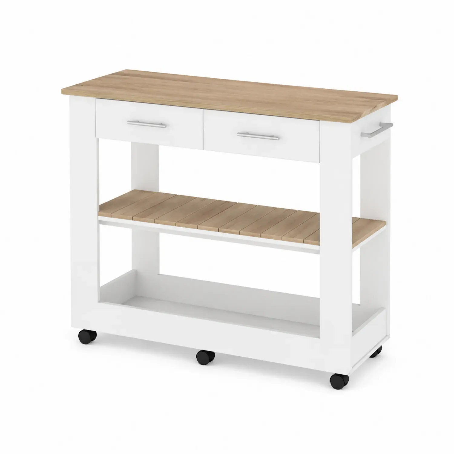 Wyspa kuchenna z drewna dębowego i MDF z dwoma szufladami i półką na kółkach, Biały/Dąb, 100 cm