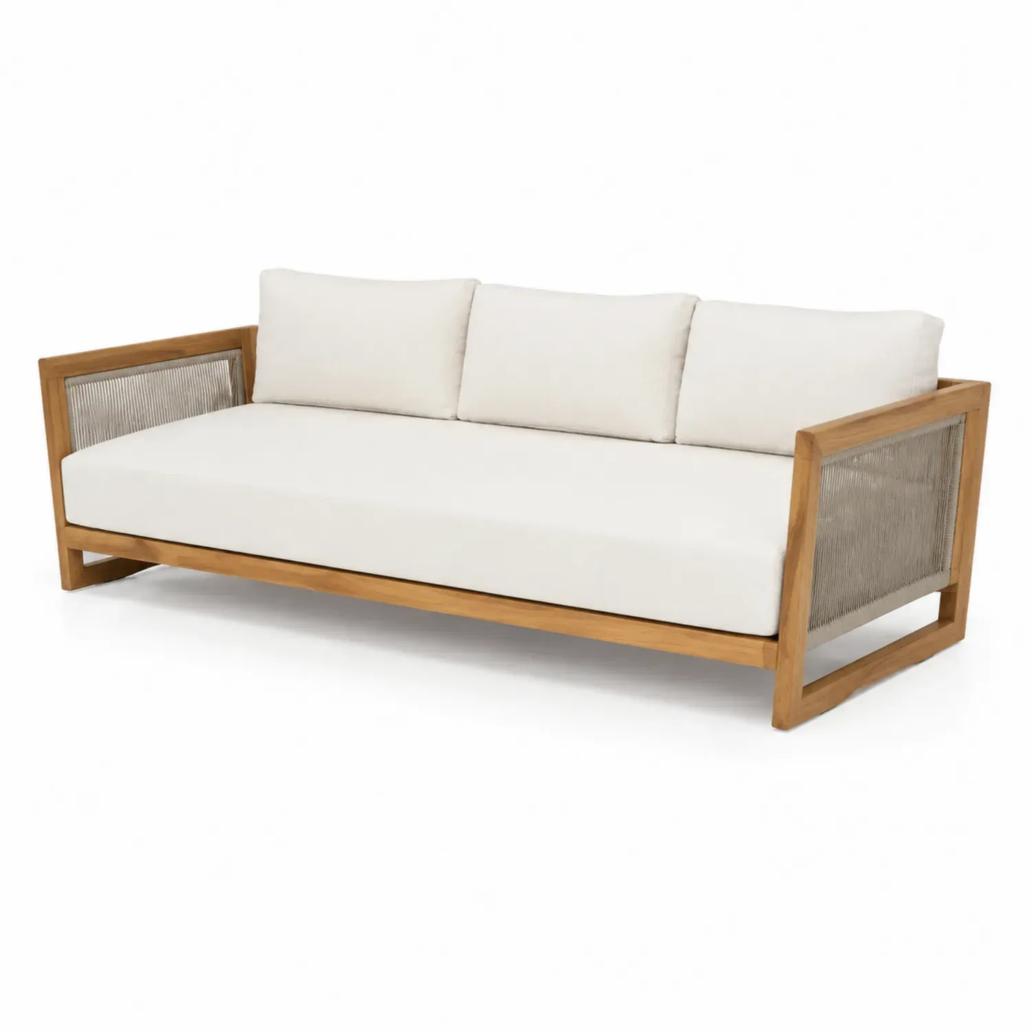 Sofa 3-osobowa drewno tekowe i sznurek poduszki kremowe 200 cm