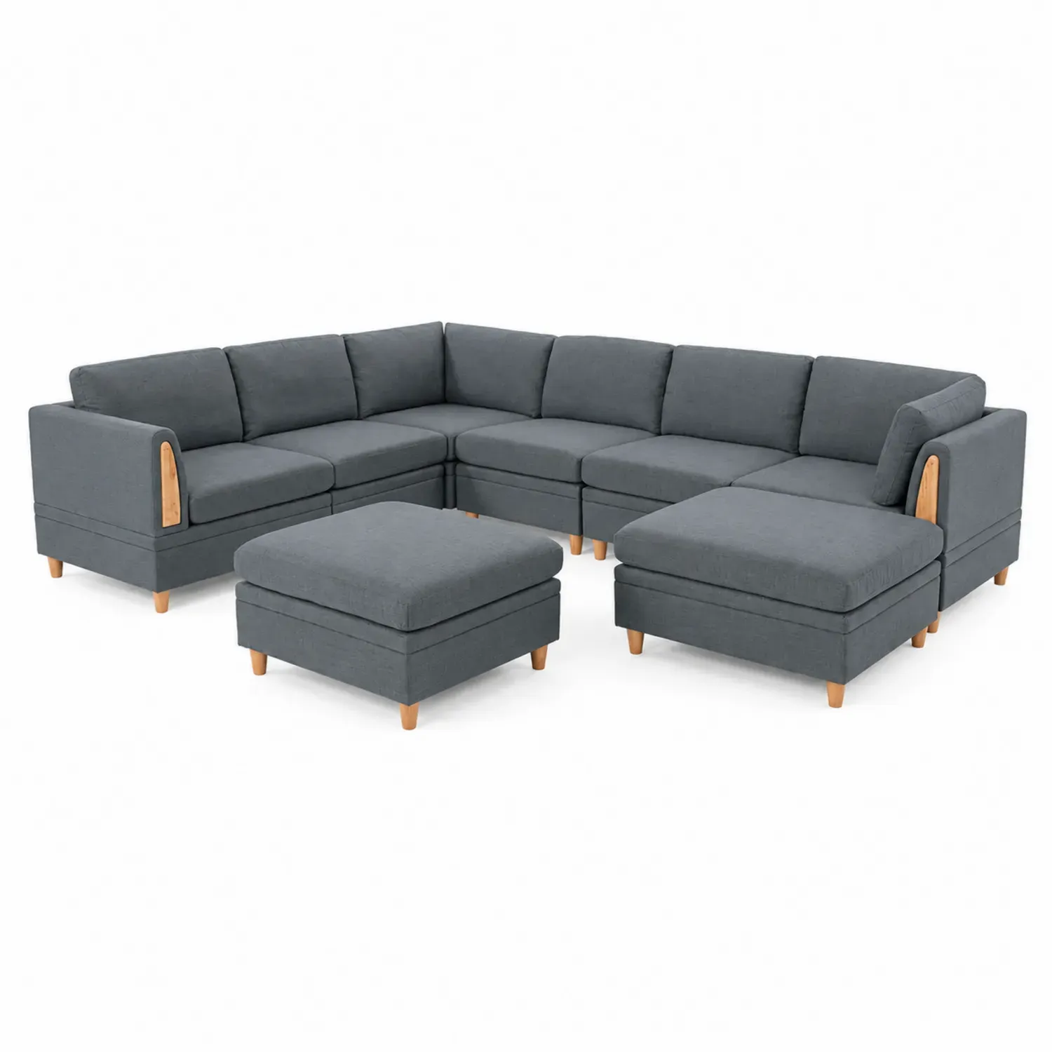 Modułowa sofa narożna z podnóżkiem, drewniana, szary
