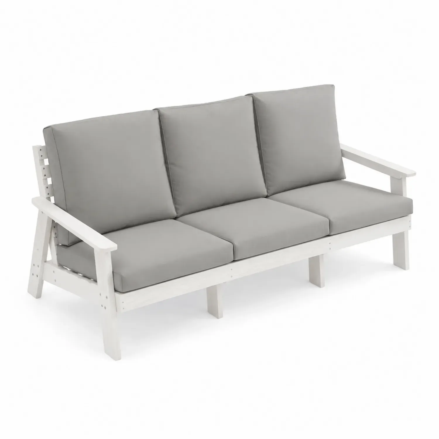 Drewniana sofa 3-osobowa z szarymi bawełnianymi poduszkami