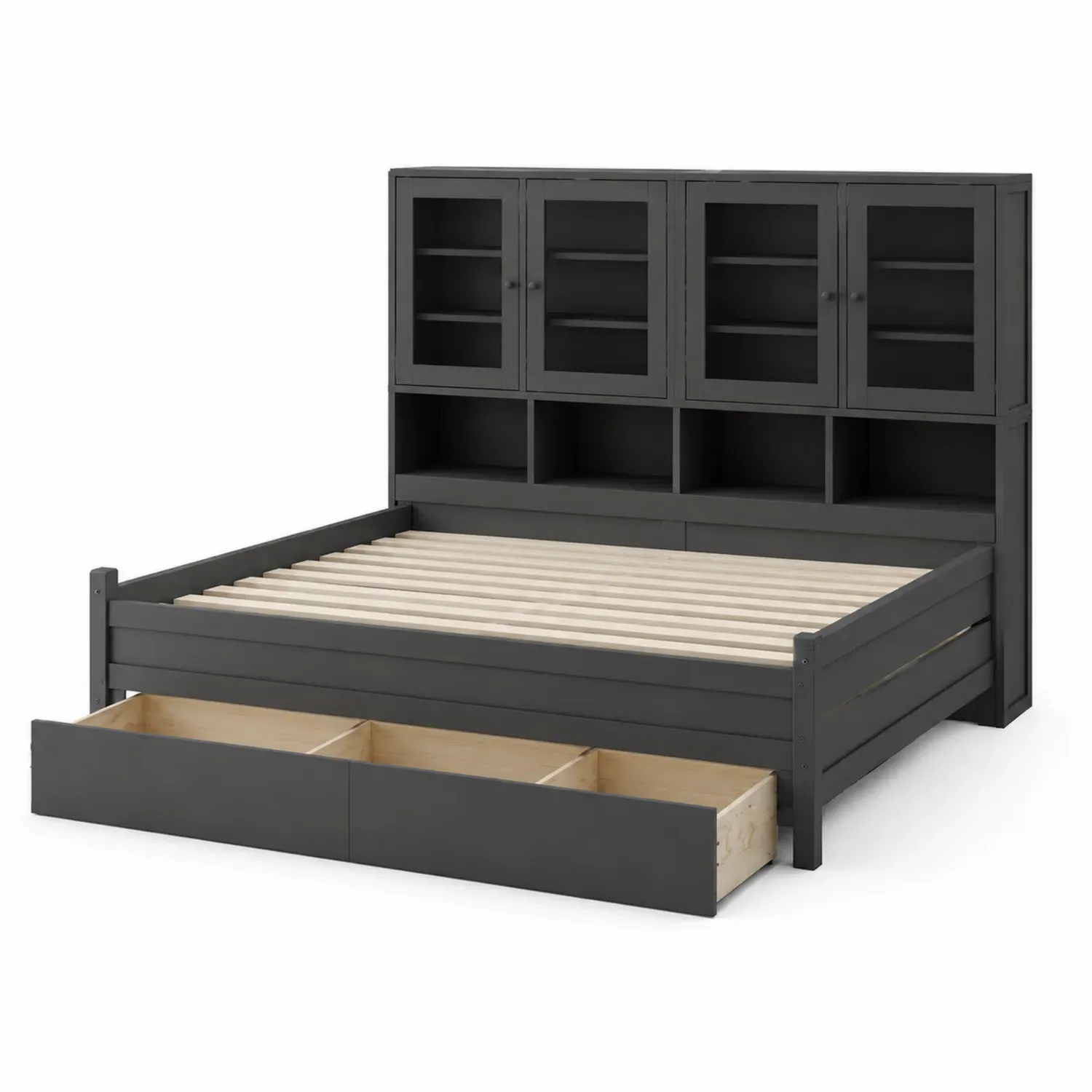 Łóżko z drewna sosnowego czarne z pojemnikiem i szafką, 200x160 cm