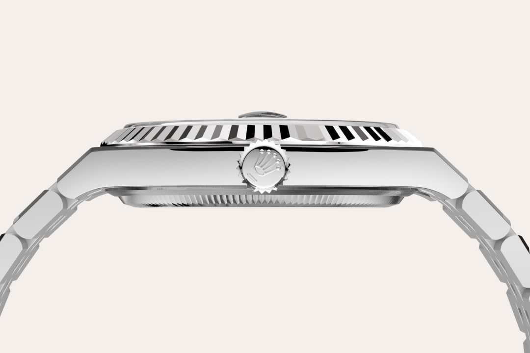 A close-up view of a sleek, silver watch showcasing its polished case and intricate detailing on the bezel.