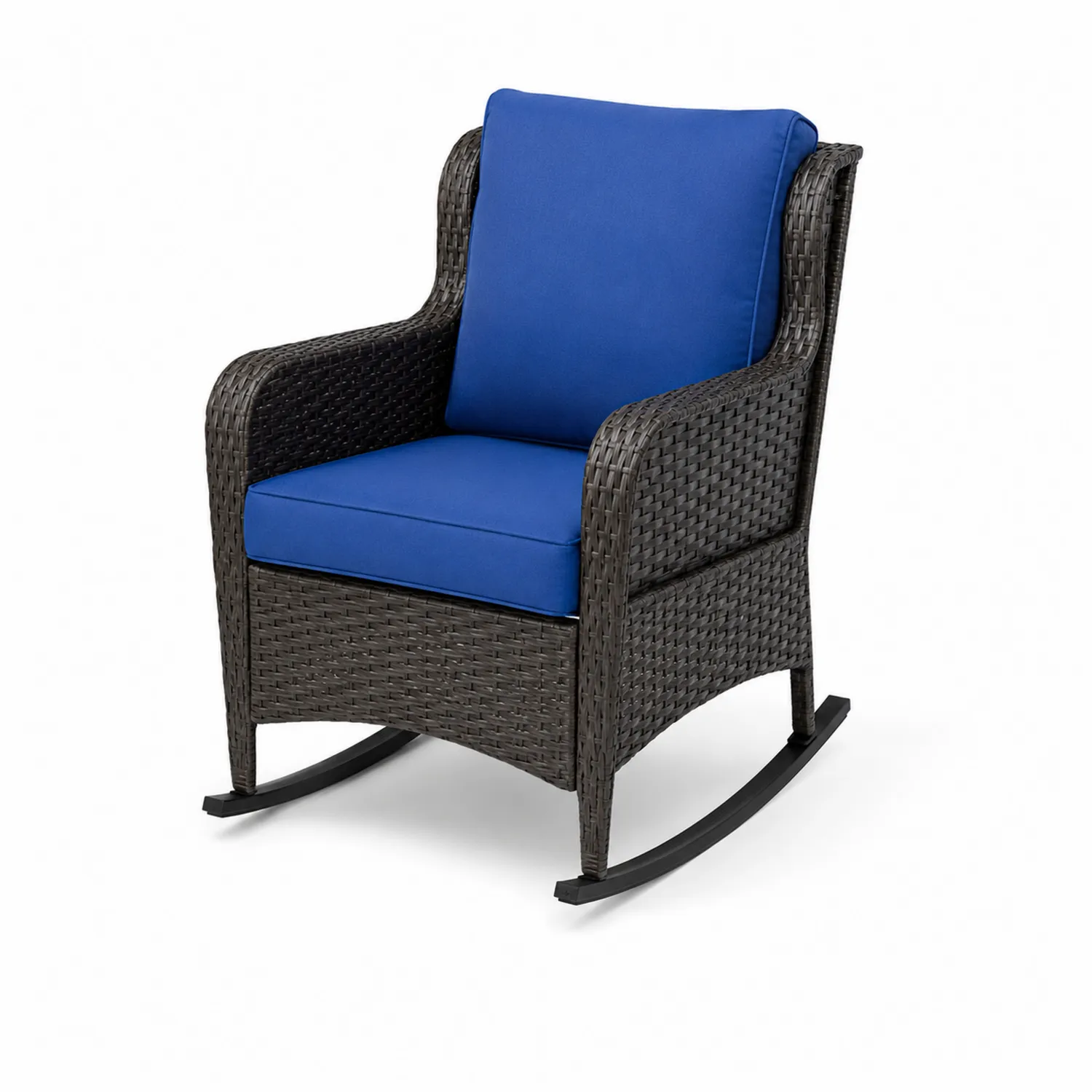 Rattan-Schaukelstuhl mit blauen Kissen-Casdwell