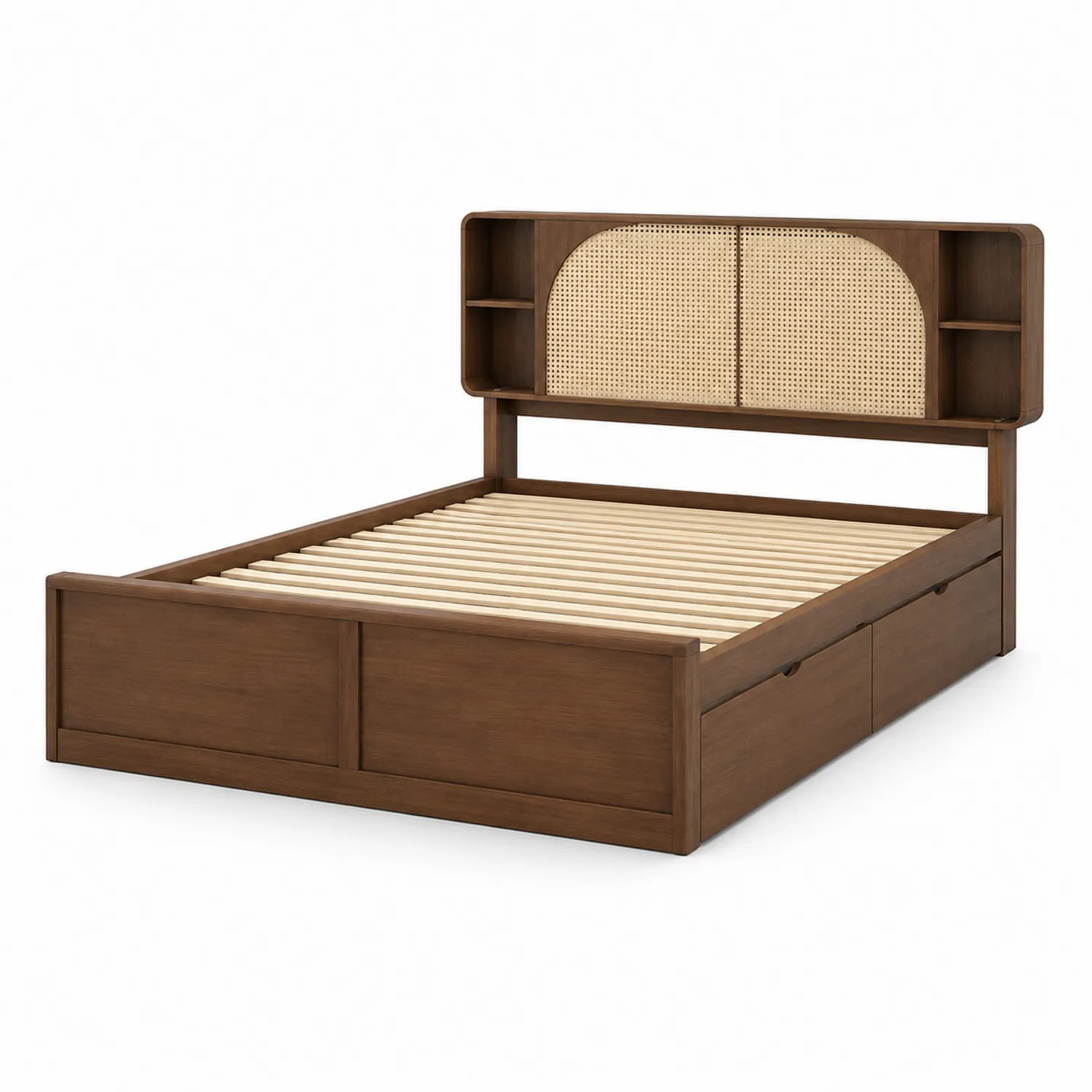 Doppelbett aus Holz mit Stauraum und Rattan-Kopfteil 200cm x 160cm Braun-Casdwell