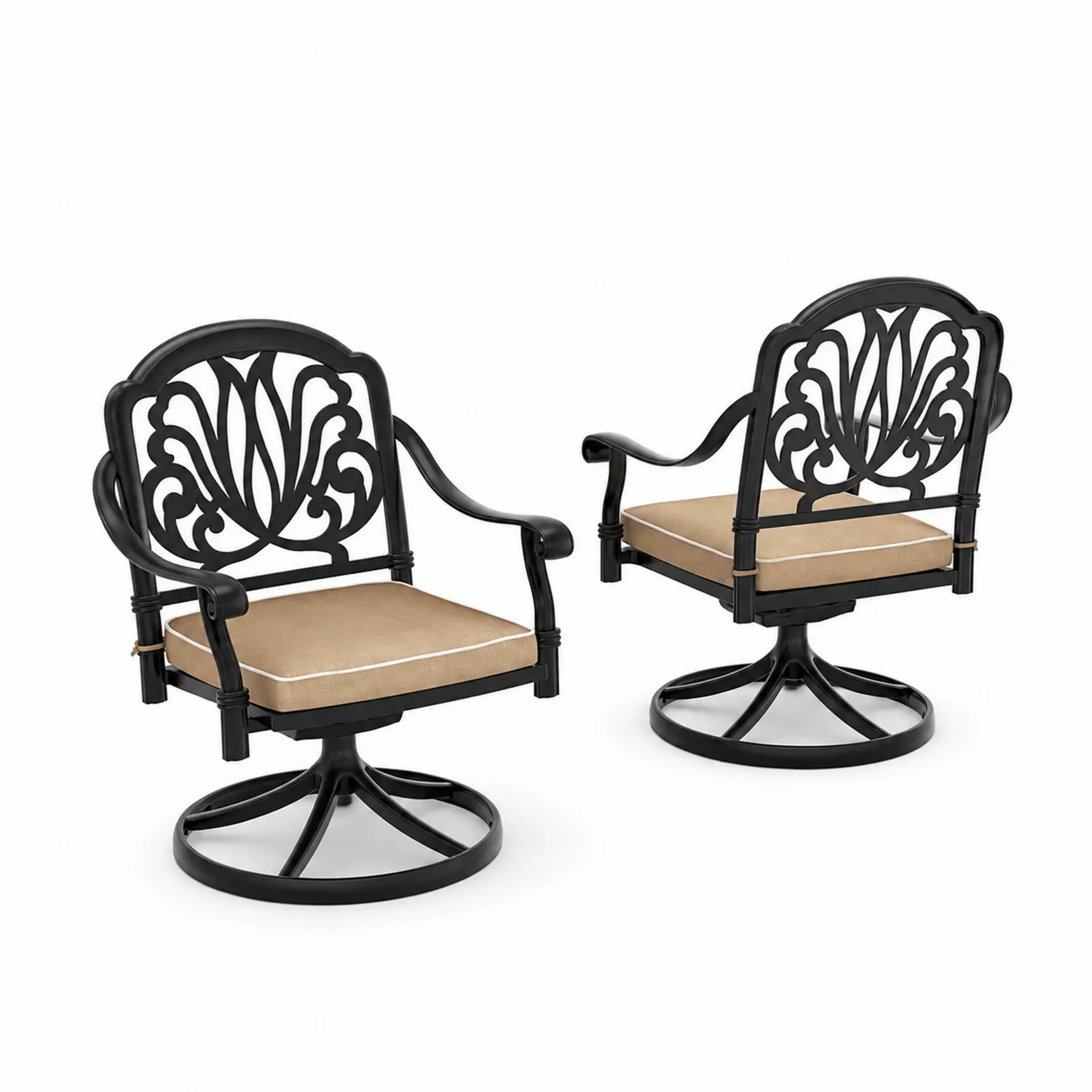 2er-Set Gartenstühle Drehbar Metall Schwarz mit Polyesterkissen Beige-Casdwell