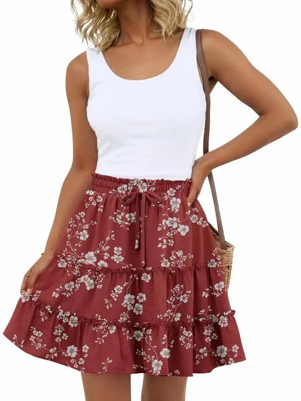 Women Flowy Skorts Built-in Shorts Floral Ruffle Tiered Skirts with Pockets
