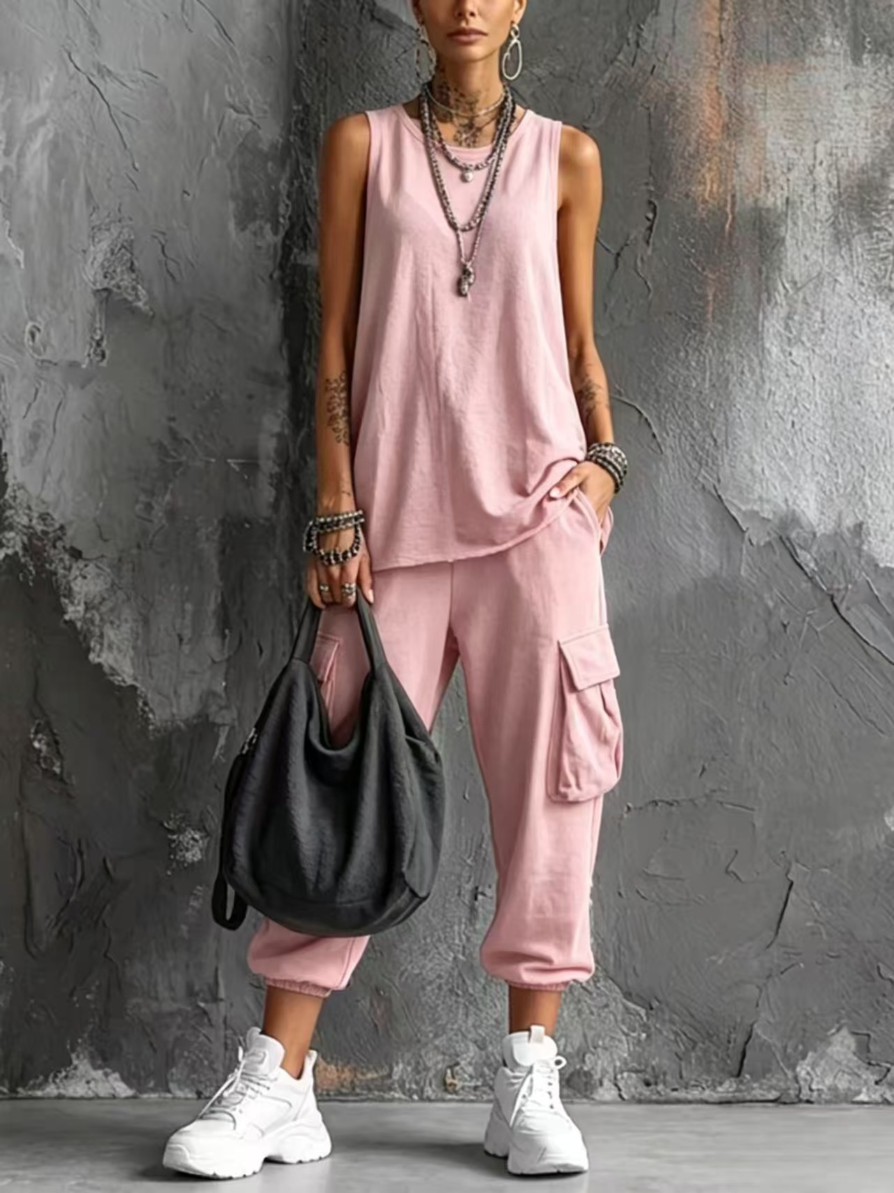 Casual Street-style Sleeveless Cotton T-shirt And Pants Two-piece Set