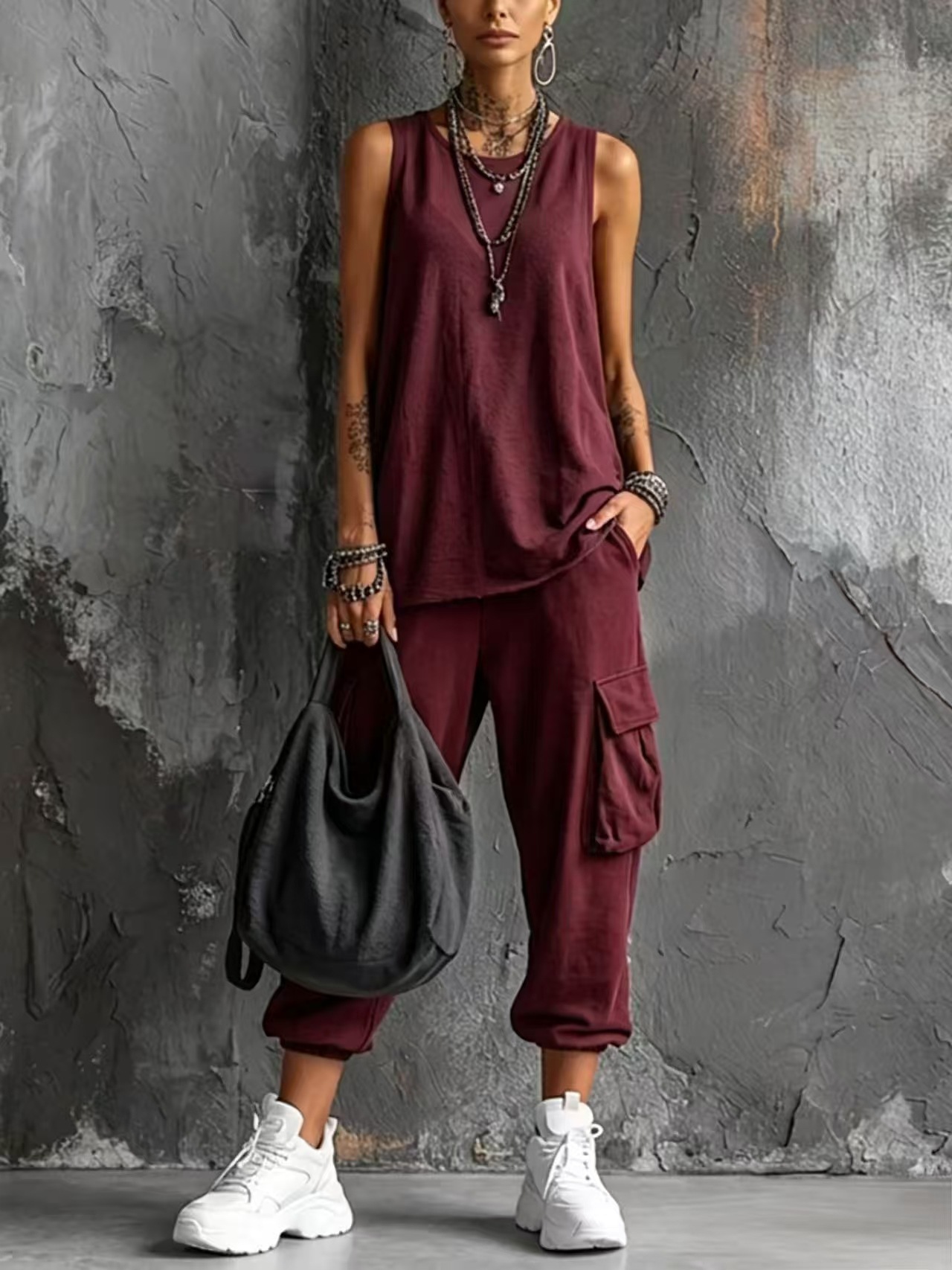Casual Street-style Sleeveless Cotton T-shirt And Pants Two-piece Set