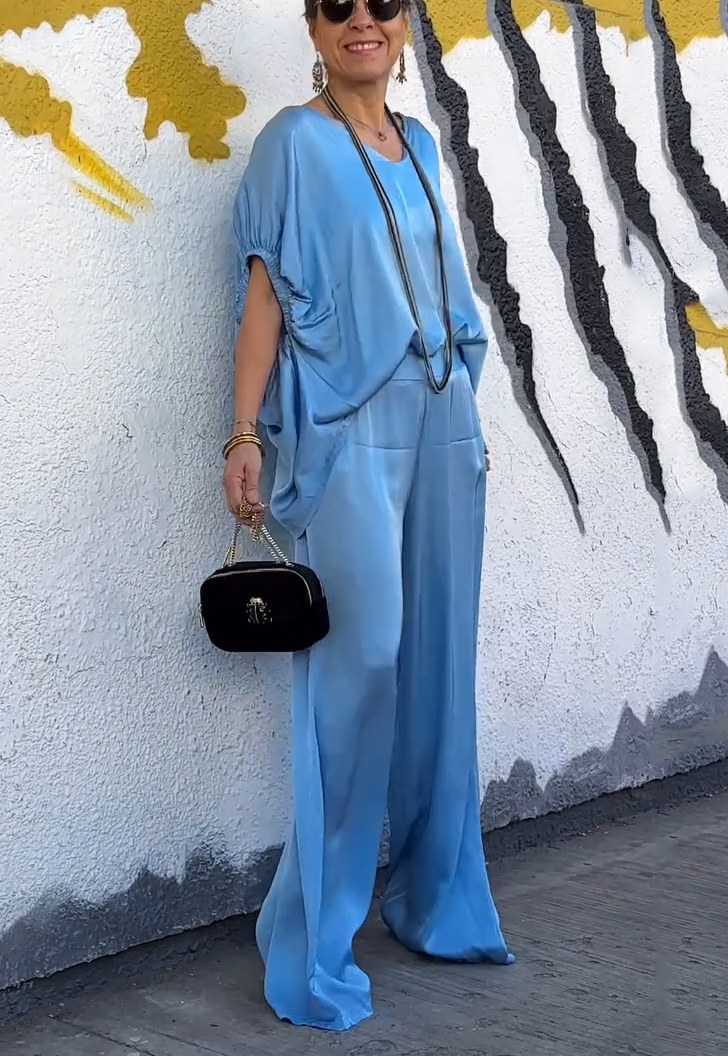 Oversized Satin V-Neck Top & Wide-Leg Pants Two-Piece Set