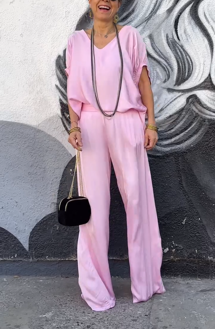 Oversized Satin V-Neck Top & Wide-Leg Pants Two-Piece Set