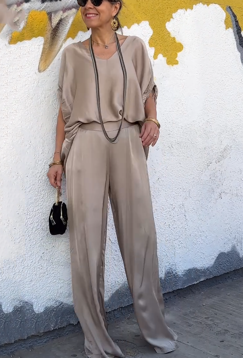 Oversized Satin V-Neck Top & Wide-Leg Pants Two-Piece Set