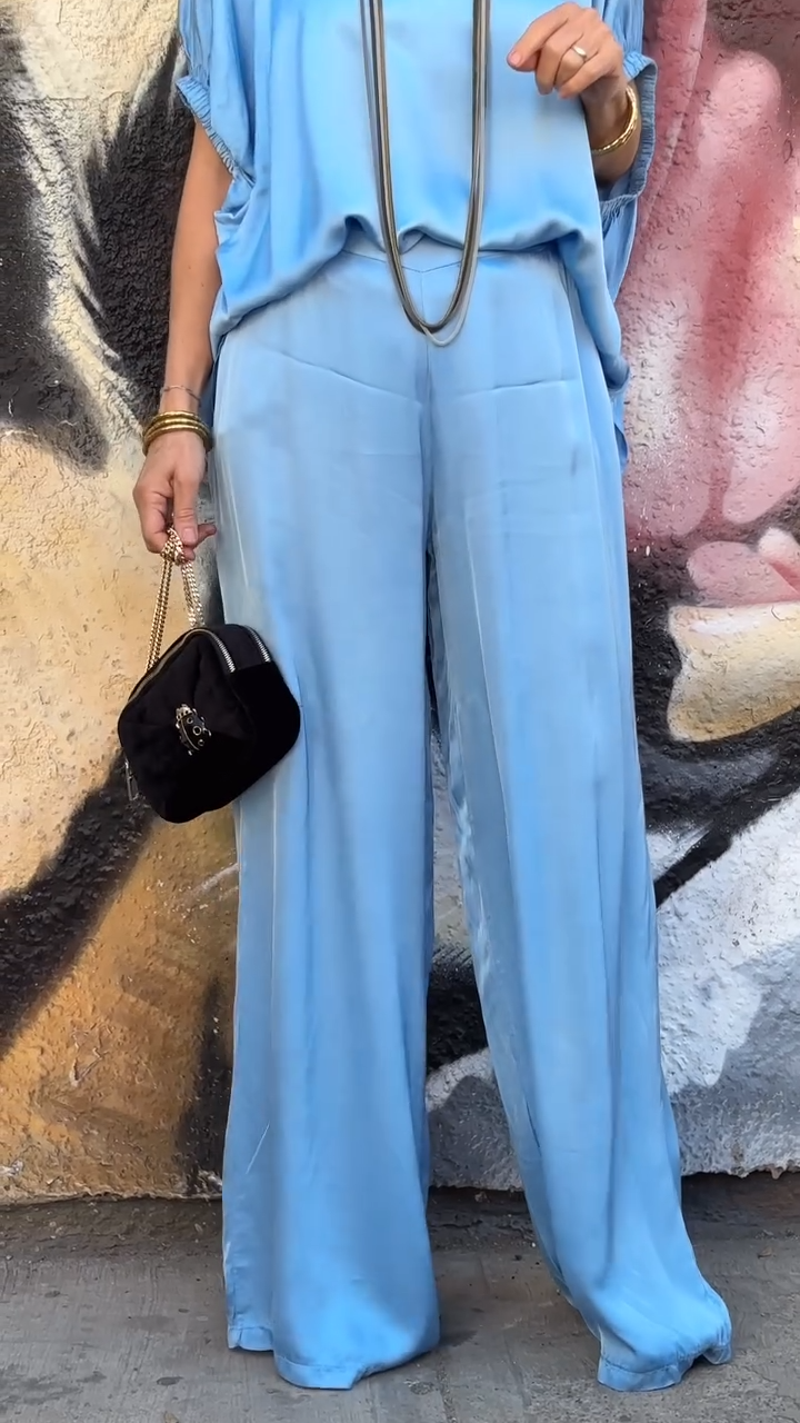 Oversized Satin V-Neck Top & Wide-Leg Pants Two-Piece Set