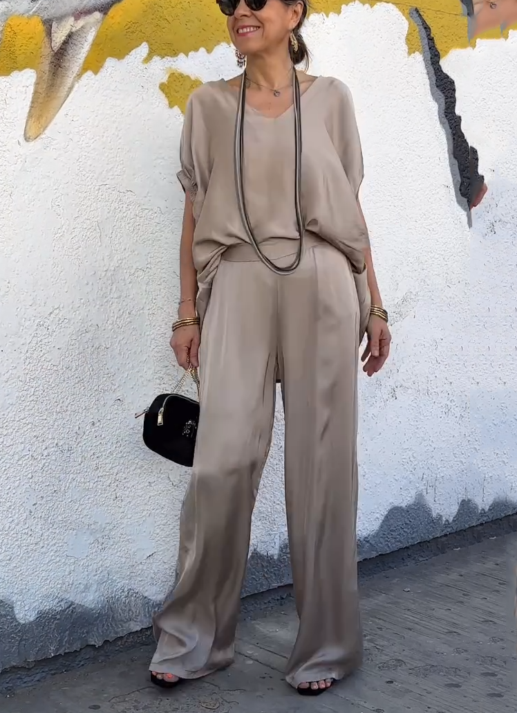 Oversized Satin V-Neck Top & Wide-Leg Pants Two-Piece Set