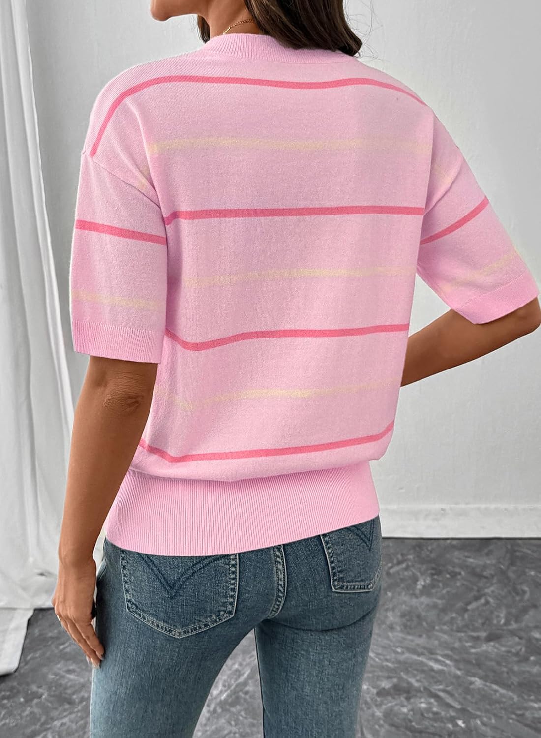 💐Limited Time:50%OFF🔥Women's  Crewneck Short Sleeve Knit Striped Tops