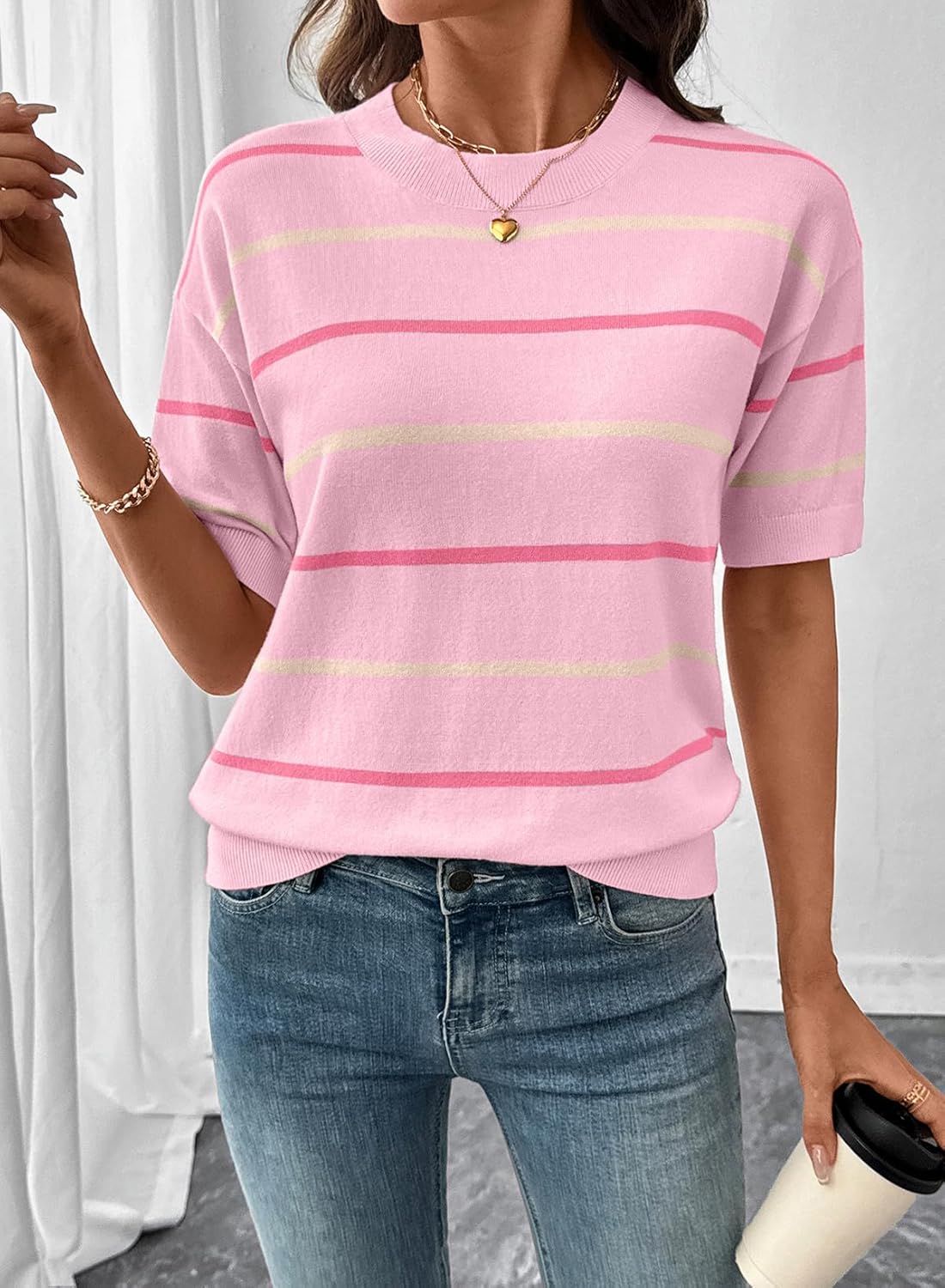 💐Limited Time:50%OFF🔥Women's  Crewneck Short Sleeve Knit Striped Tops