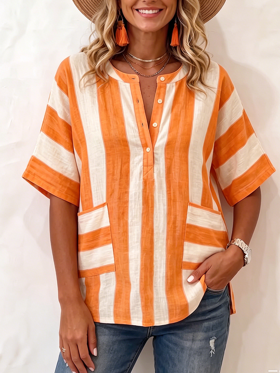 Casual Striped Cotton-linen Henley Shirt