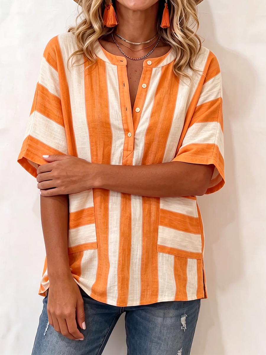 Casual Striped Cotton-linen Henley Shirt