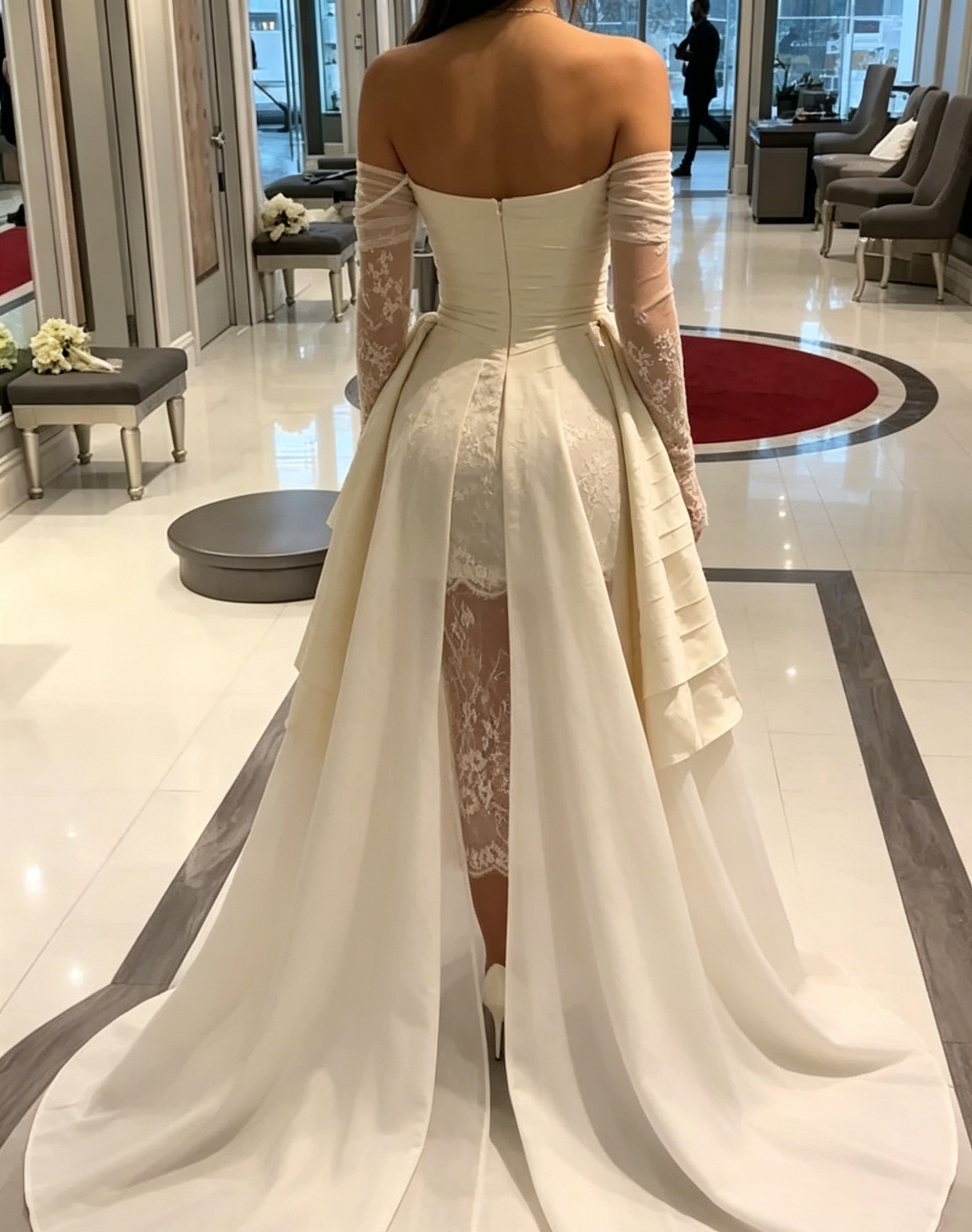 Women White Lace Strapless A-Line Mini Dress with Bow Waist