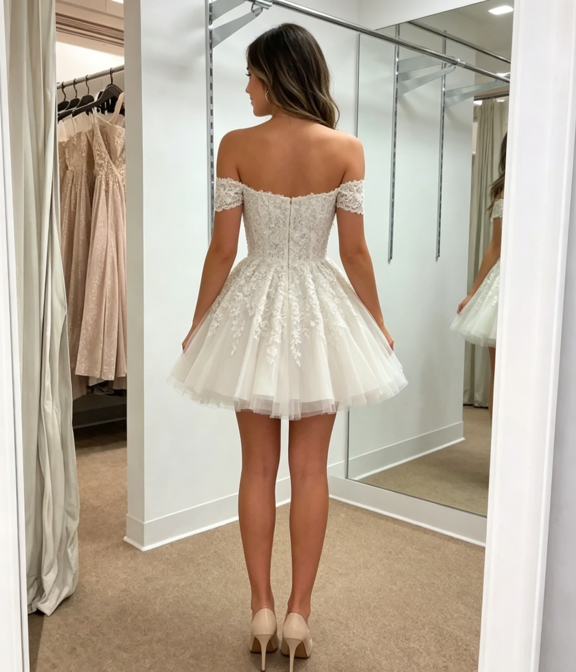 White Lace Off-the-Shoulder Homecoming Dress
