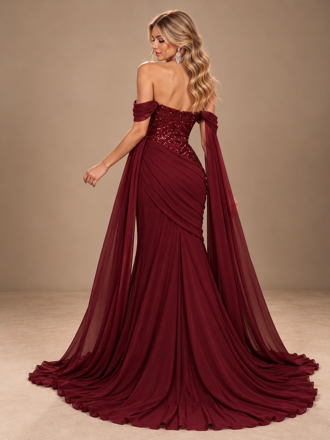Off Shoulder Chiffon Prom Dresses for Women Mermaid Sweetheart Evening Dress with Ruched Waist,&Sweep Train