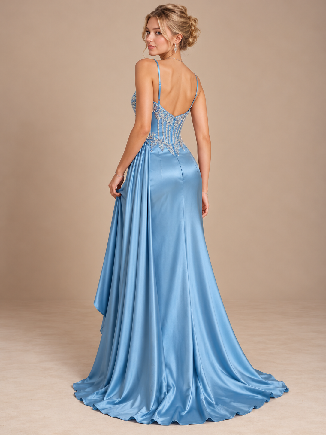 Satin Mermaid Prom Dresses Spaghetti Strap Corset Ruched Formal Dress with Slit & Lace Applique