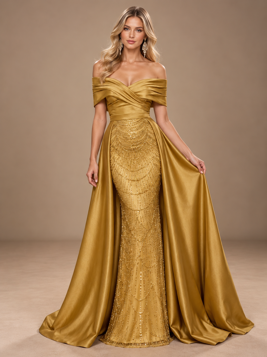 Off Shoulder Mermaid Prom Dresses for Women Satin Floor-Length Formal Dress with Sequin & Sweep Train