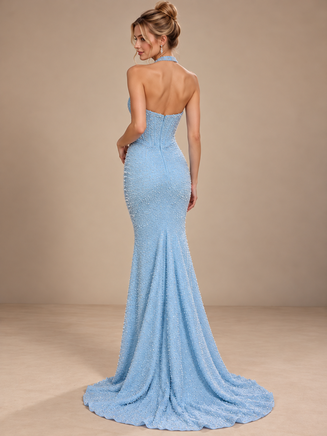 Pearl Satin Mermaid/Trumpet Halter Prom Dresses for Women Corset Ball Gown with Rhinestone & Slit