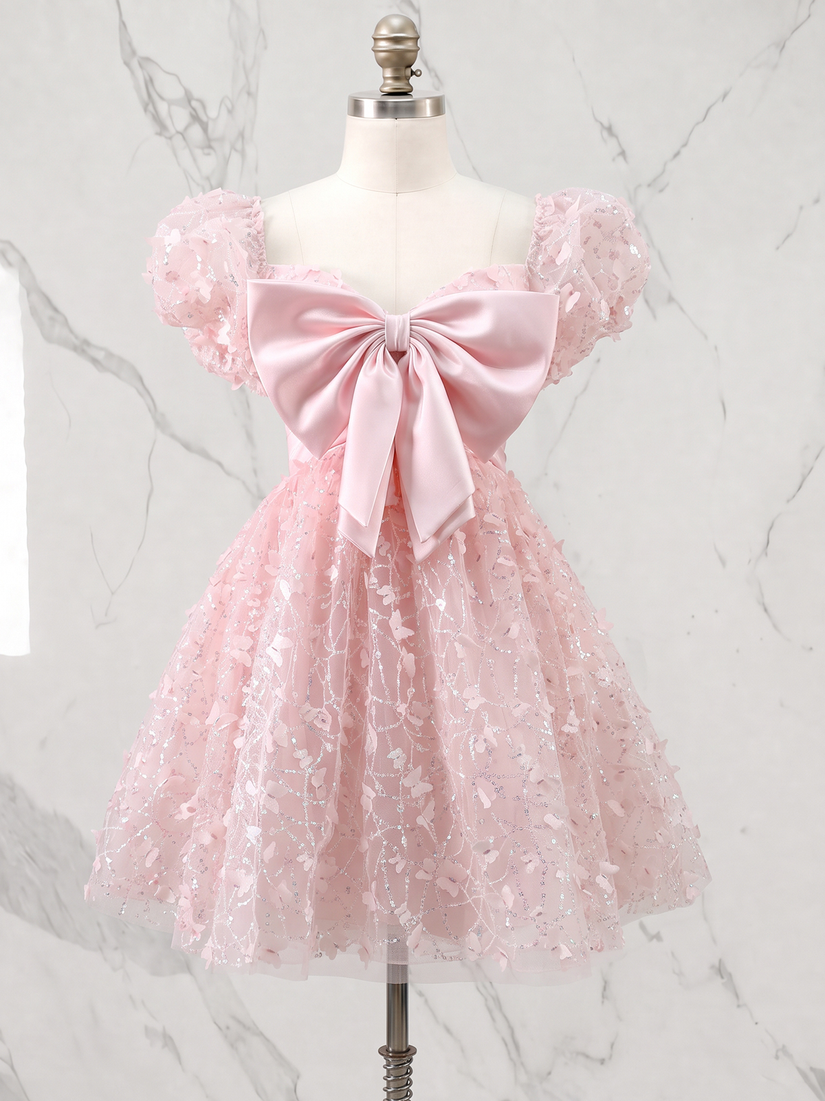 Sparkly Tulle Corset Homecoming Dresses for Teens 3D Butterfly Floral Applique V Neck Puffy A Line Mini Party Dress with Big Front Bow