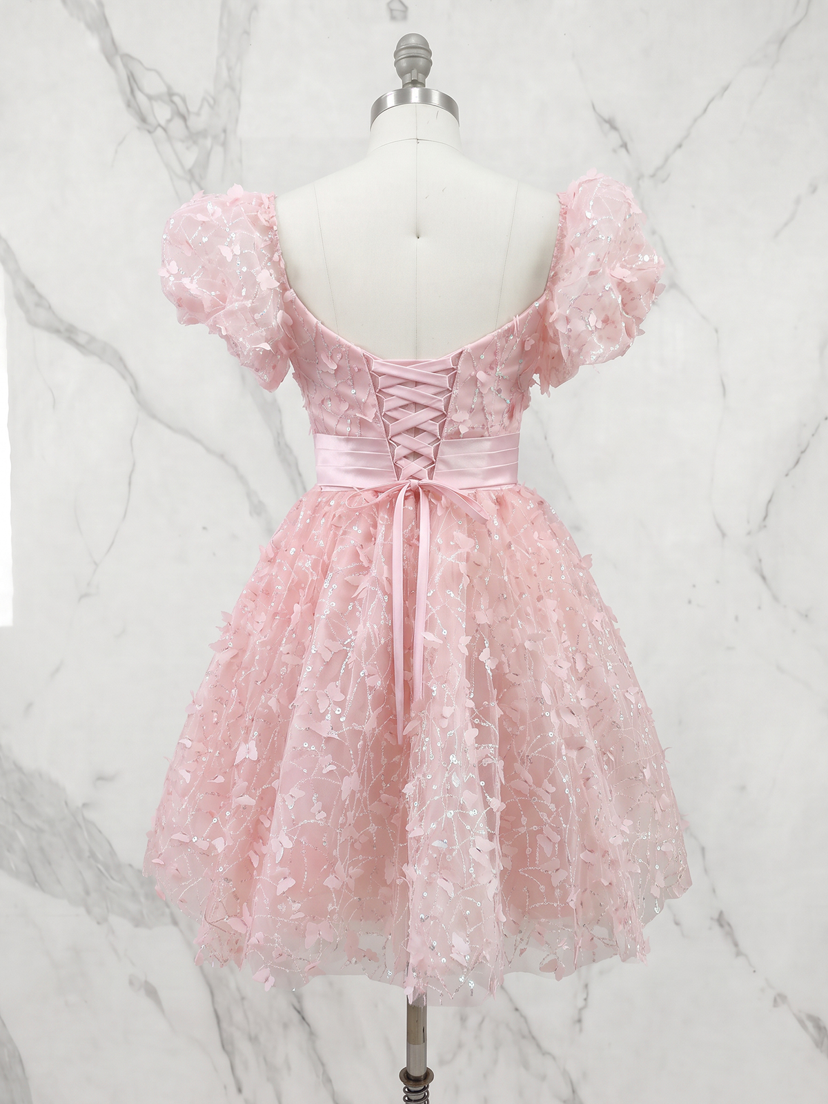 Sparkly Tulle Corset Homecoming Dresses for Teens 3D Butterfly Floral Applique V Neck Puffy A Line Mini Party Dress with Big Front Bow