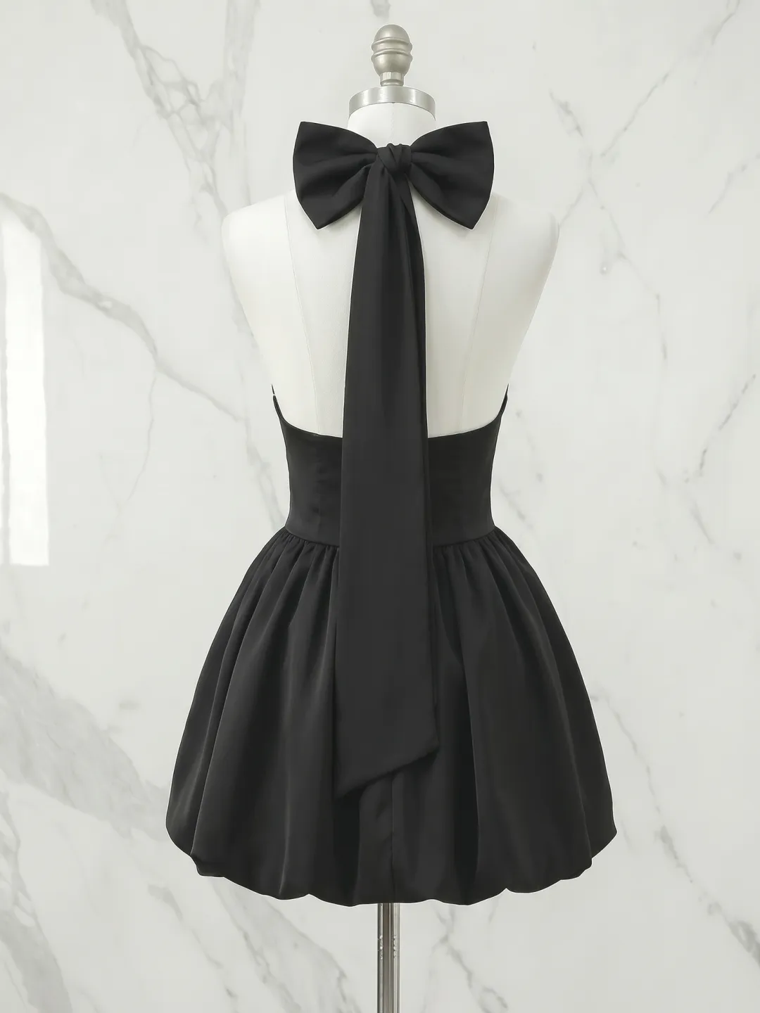 Black Halter V-Neck Ruched Homecoming Dress with Statement Bow Back