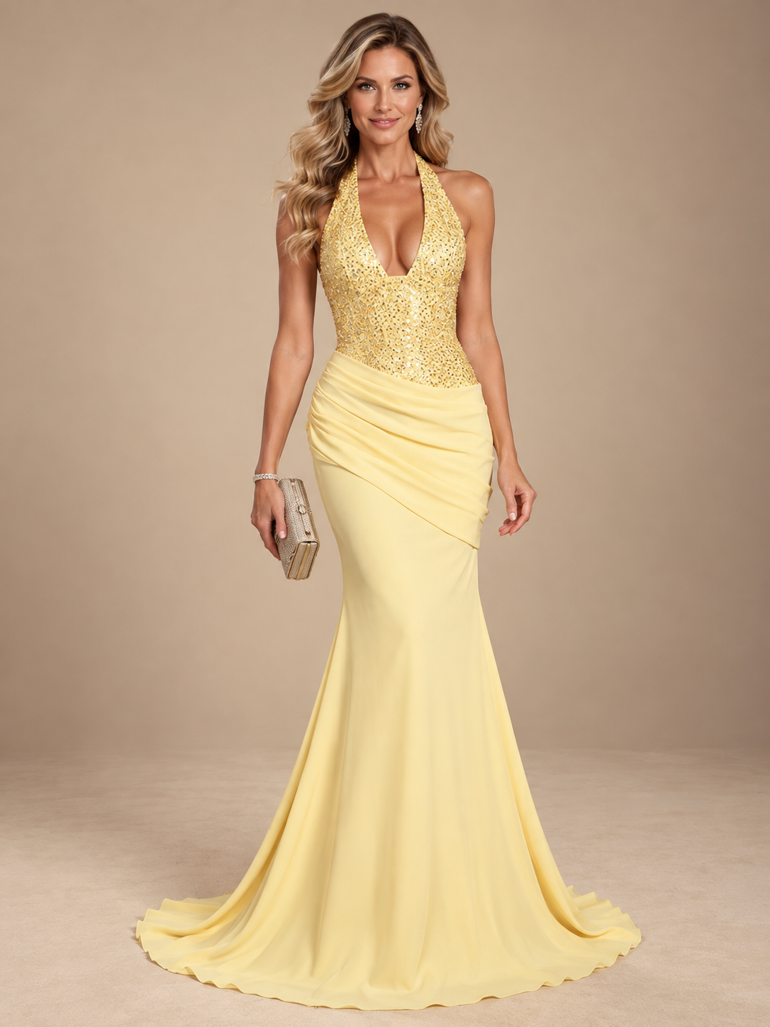 Satin Mermaid/Trumpet Halter Prom Dresses V Neck Ruched Formal Gowns with Sequin Bodice