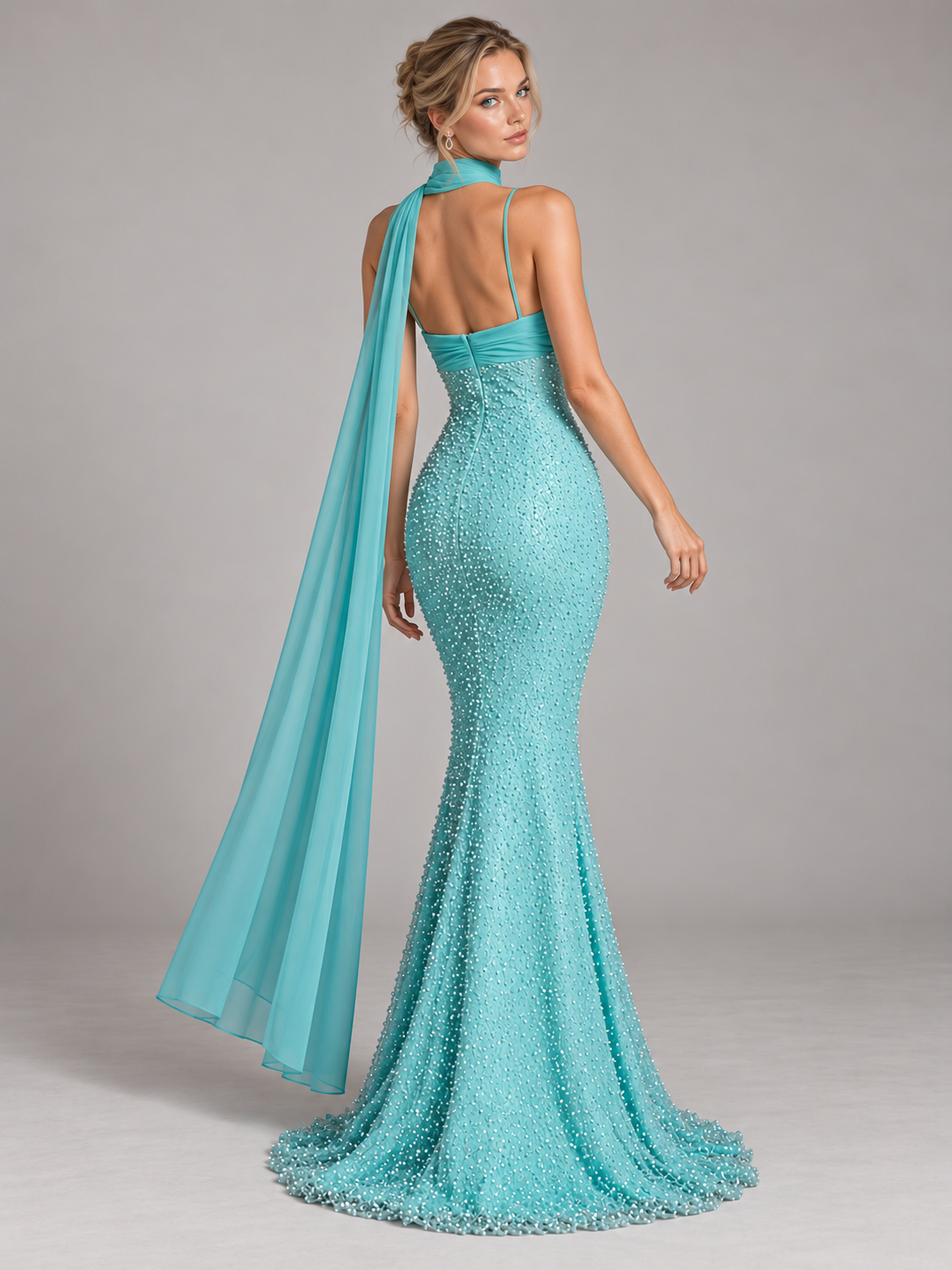 Pearl Beaded Satin Sweetheart Mermaid Prom Dresses with Ruched & Scarf