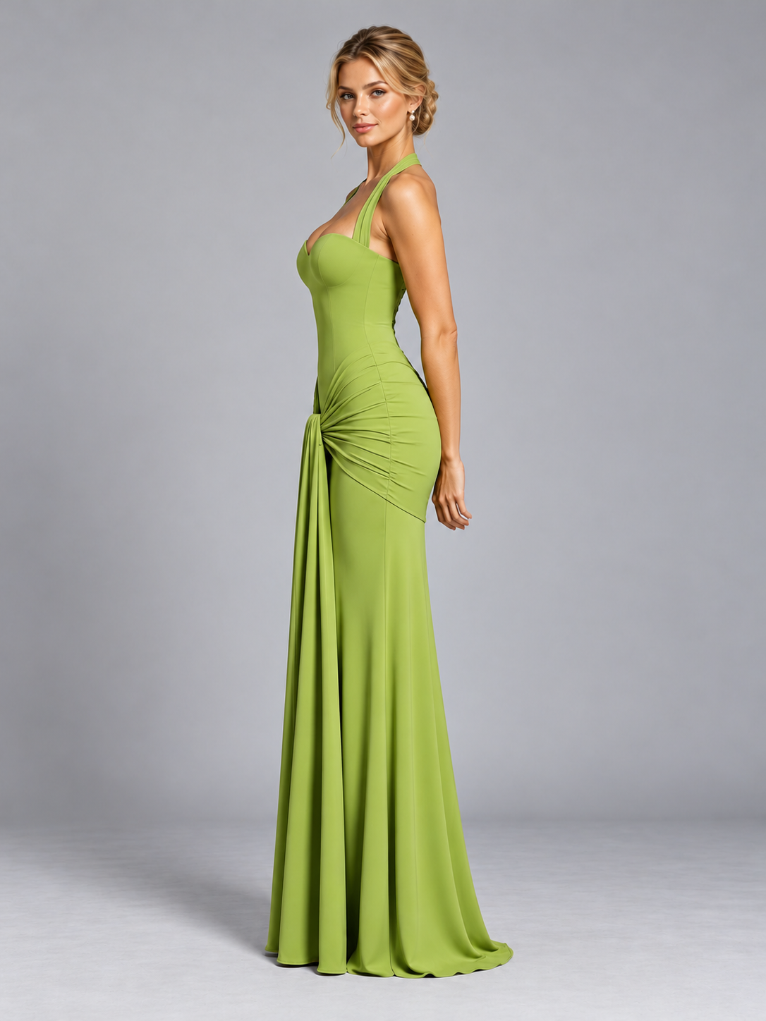 Satin Halter Mermaid Formal Dresses with Ruched Waist