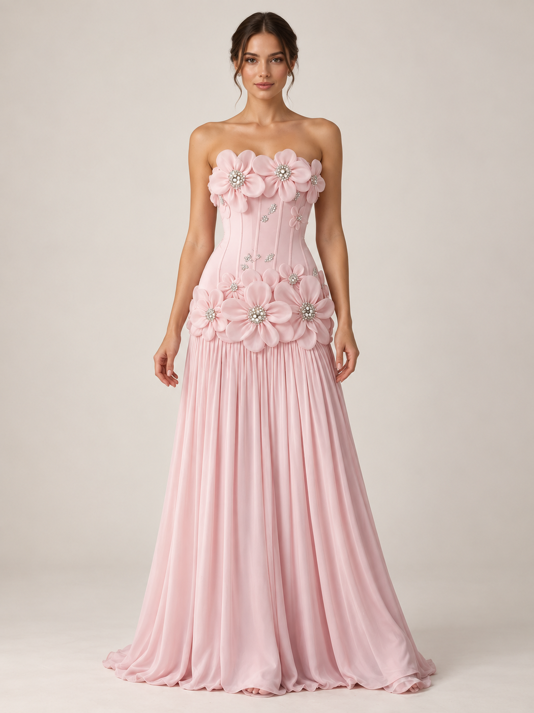 Strapless Chiffon Corset Pleated A Line Prom Dresses with 3D Floral Applique & Beaded