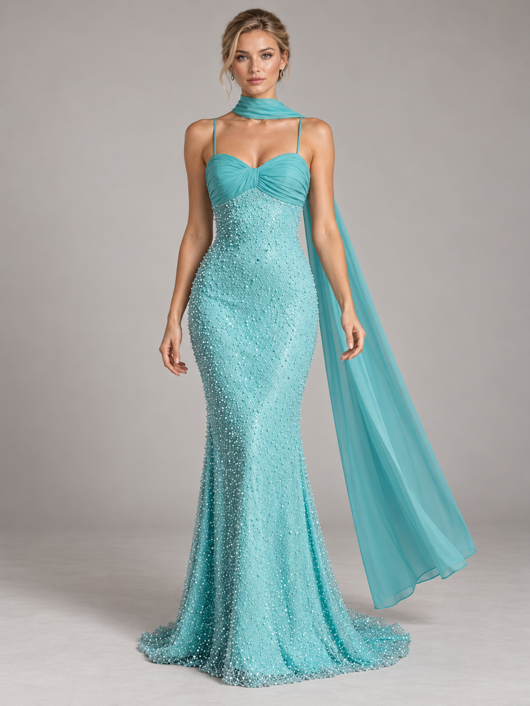 Pearl Beaded Satin Sweetheart Mermaid Prom Dresses with Ruched & Scarf
