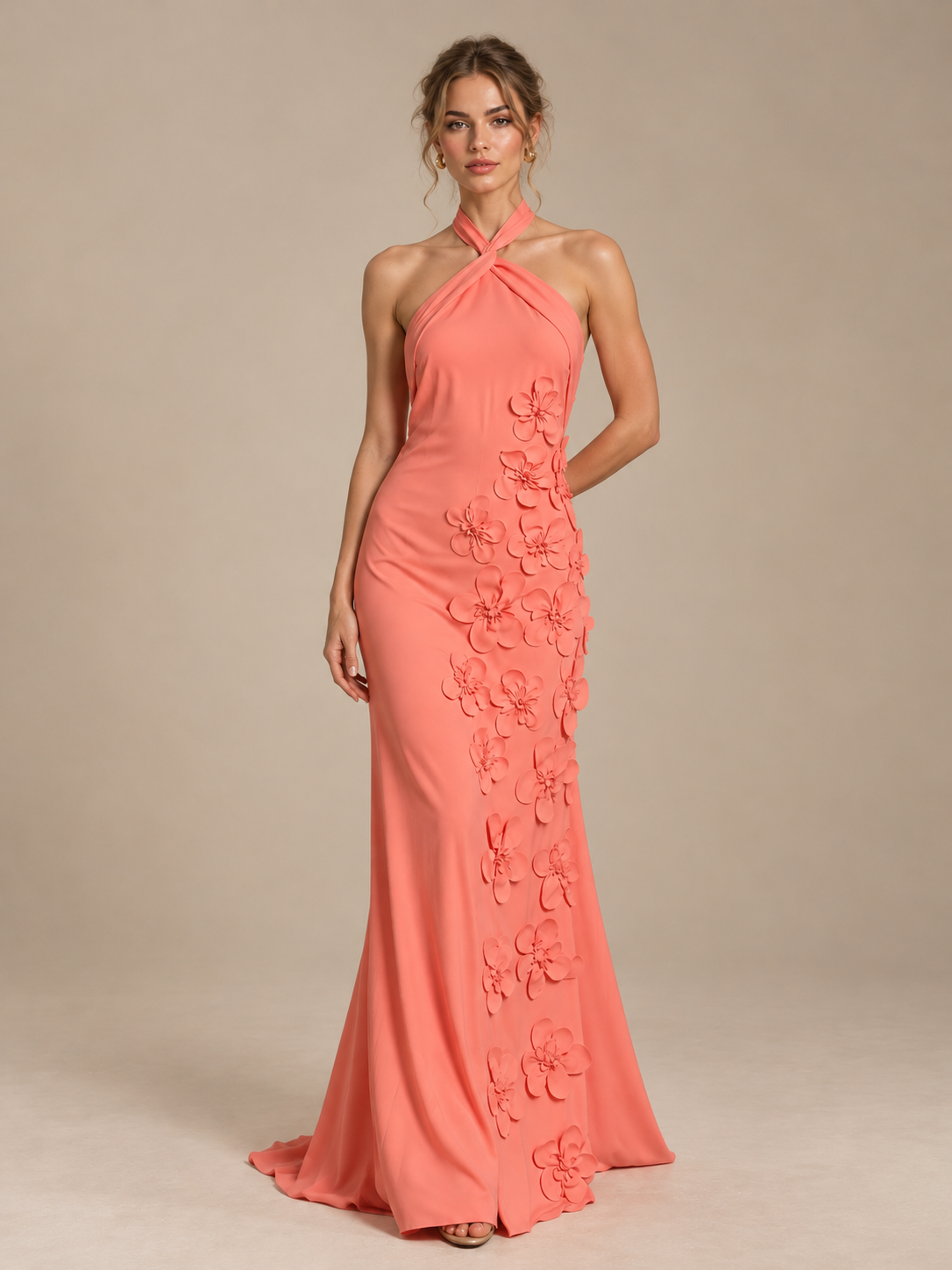 Halter Satin Sheath Floor Length Formal Dresses with 3D Flowers Applique