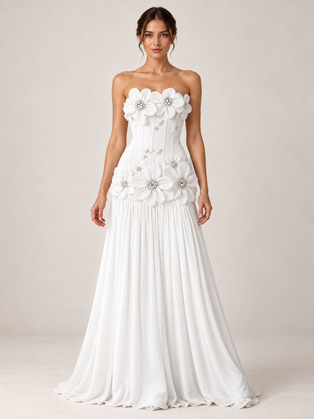 Strapless Chiffon Corset Pleated A Line Prom Dresses with 3D Floral Applique & Beaded