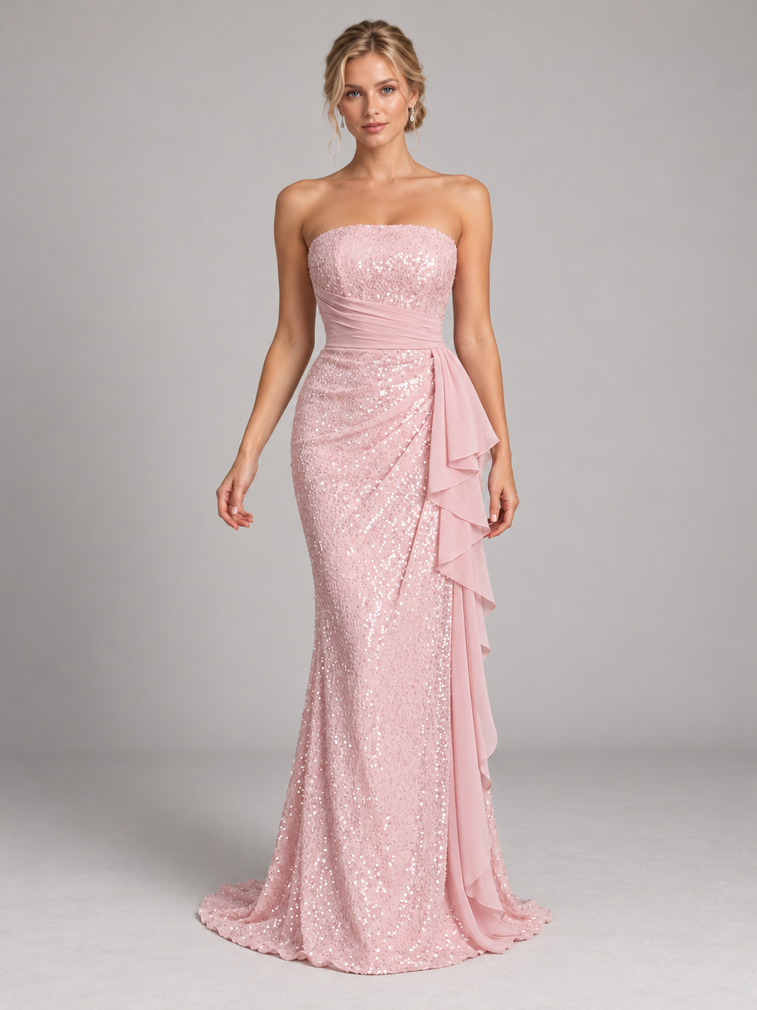 Strapless Sequin  Mermaid Prom Dresses with Ruffles & Chiffon Sash