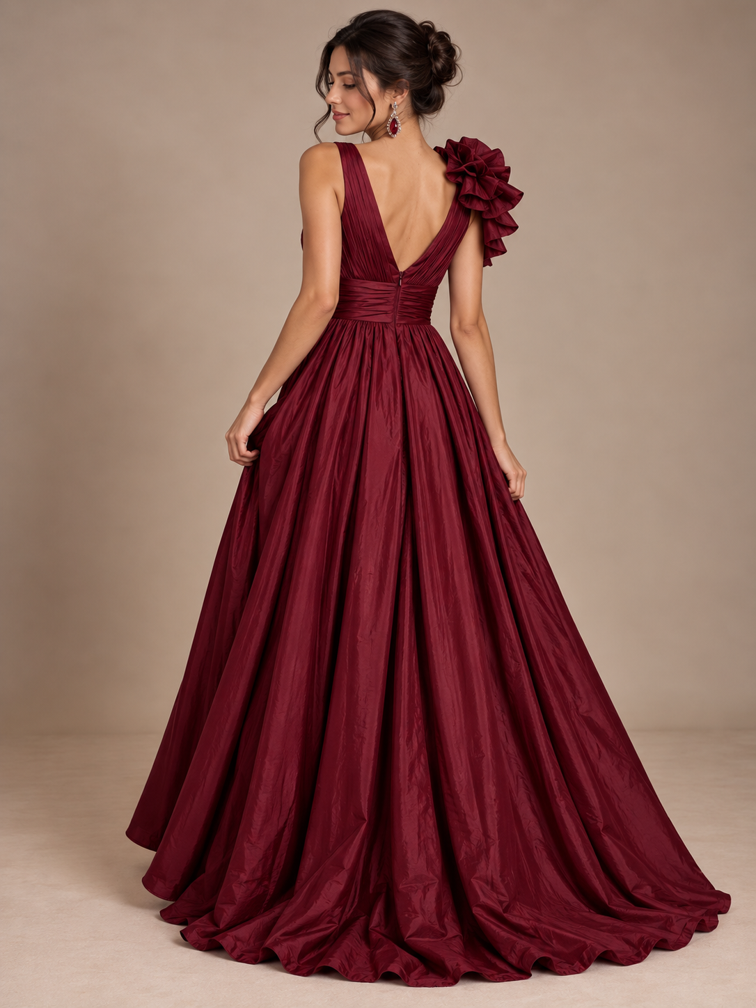 A-Line/Princess Prom Dresses V-Neck Satin Formal Dress with Ruffles & Pleats