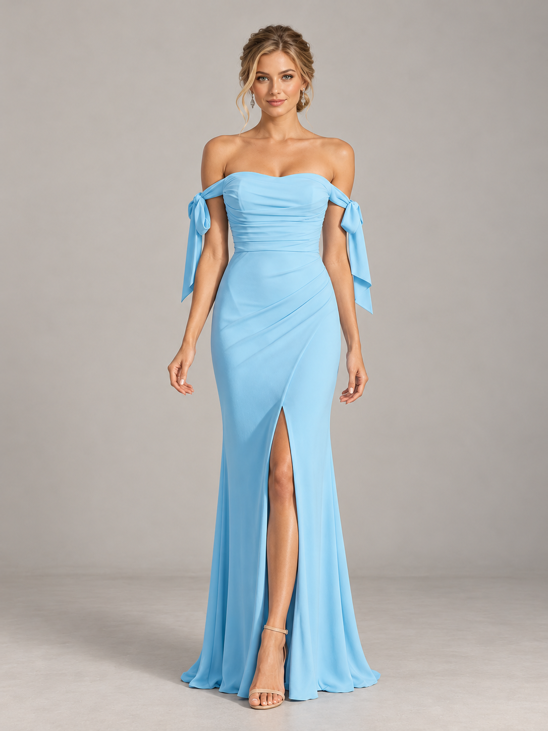 Off the Shoulder Satin Mermaid Formal Dresses Sweetheart Maxi Dress with Ruched Waist & Slit