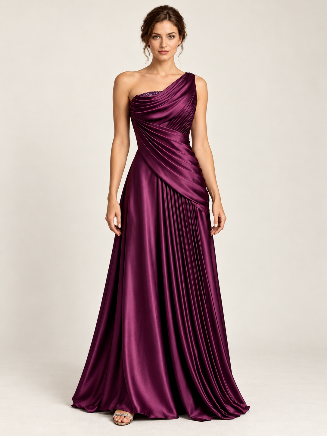 One Shoulder Satin Pleated A Line Formal Dresses with Beaded
