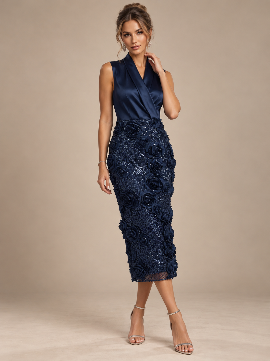 Sheath/Column V-Neck Sequin Tea-Length Cocktail Dresses with 3D Flowers